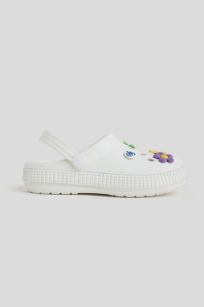 Girls White Clogs with 3D Pastel Flower Charms & Strap