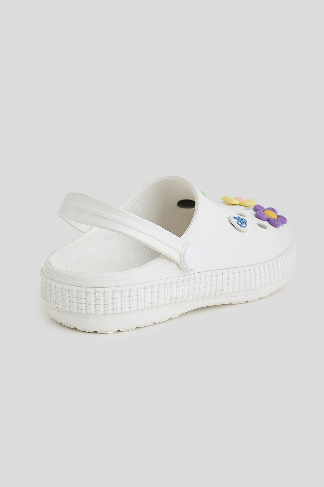 Girls White Clogs with 3D Pastel Flower Charms & Strap