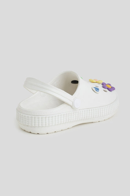 Girls White Clogs with 3D Pastel Flower Charms & Strap