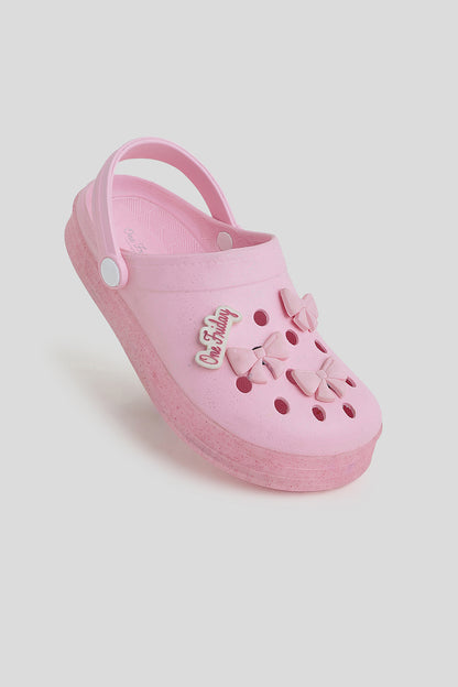 Kids Pink Glitter Bow Clogs with Strap | One Friday