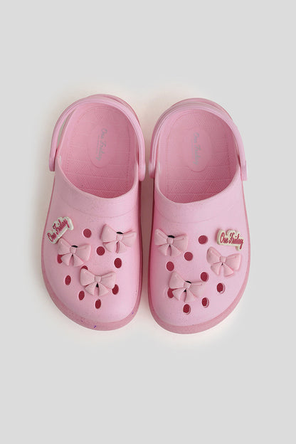 Kids Pink Glitter Bow Clogs with Strap | One Friday