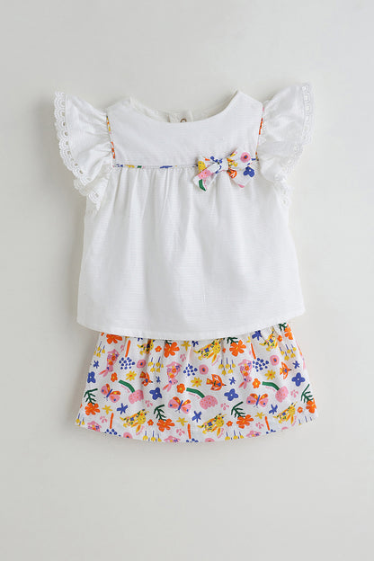 Kids Girls White Top with Printed Skirt