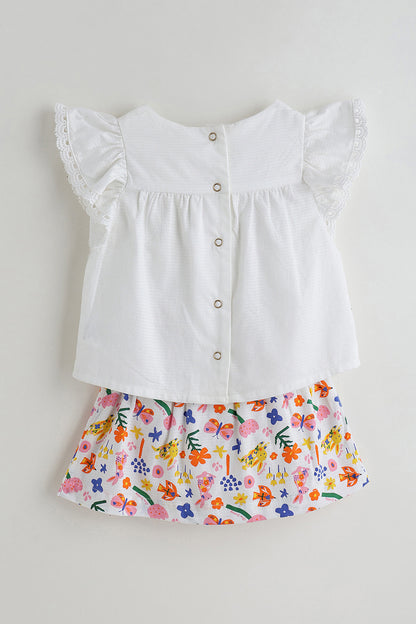 Kids Girls White Top with Printed Skirt