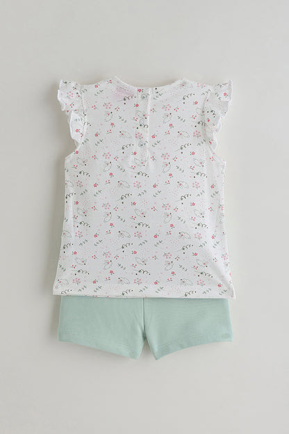 Kids Girls White Regular Fit Frill Sleeve Printed Top with Shorts by One Friday