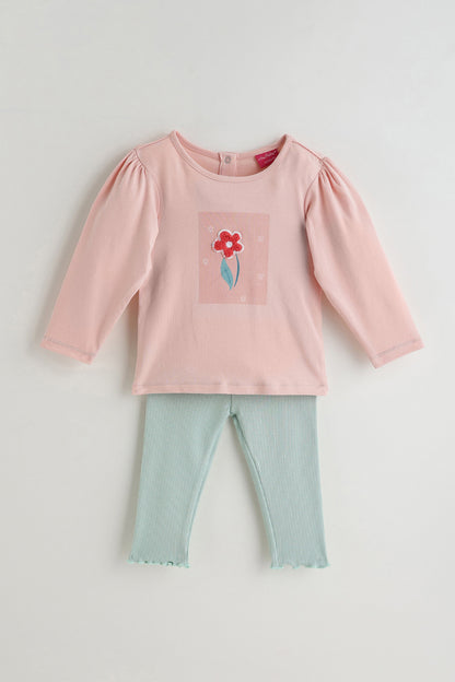 Kids Girls Peach Regular Fit Full Sleeve Solid Top with Leggings by One Friday