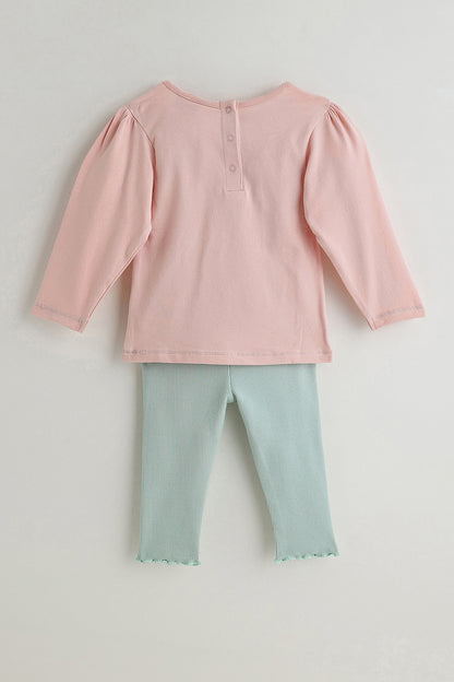 Kids Girls Peach Regular Fit Full Sleeve Solid Top with Leggings by One Friday