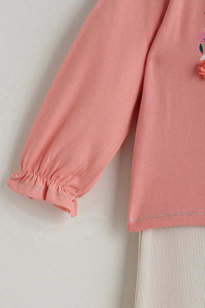 Kids Girls Pink Regular Fit Full Sleeve Solid Top with Leggings by One Friday