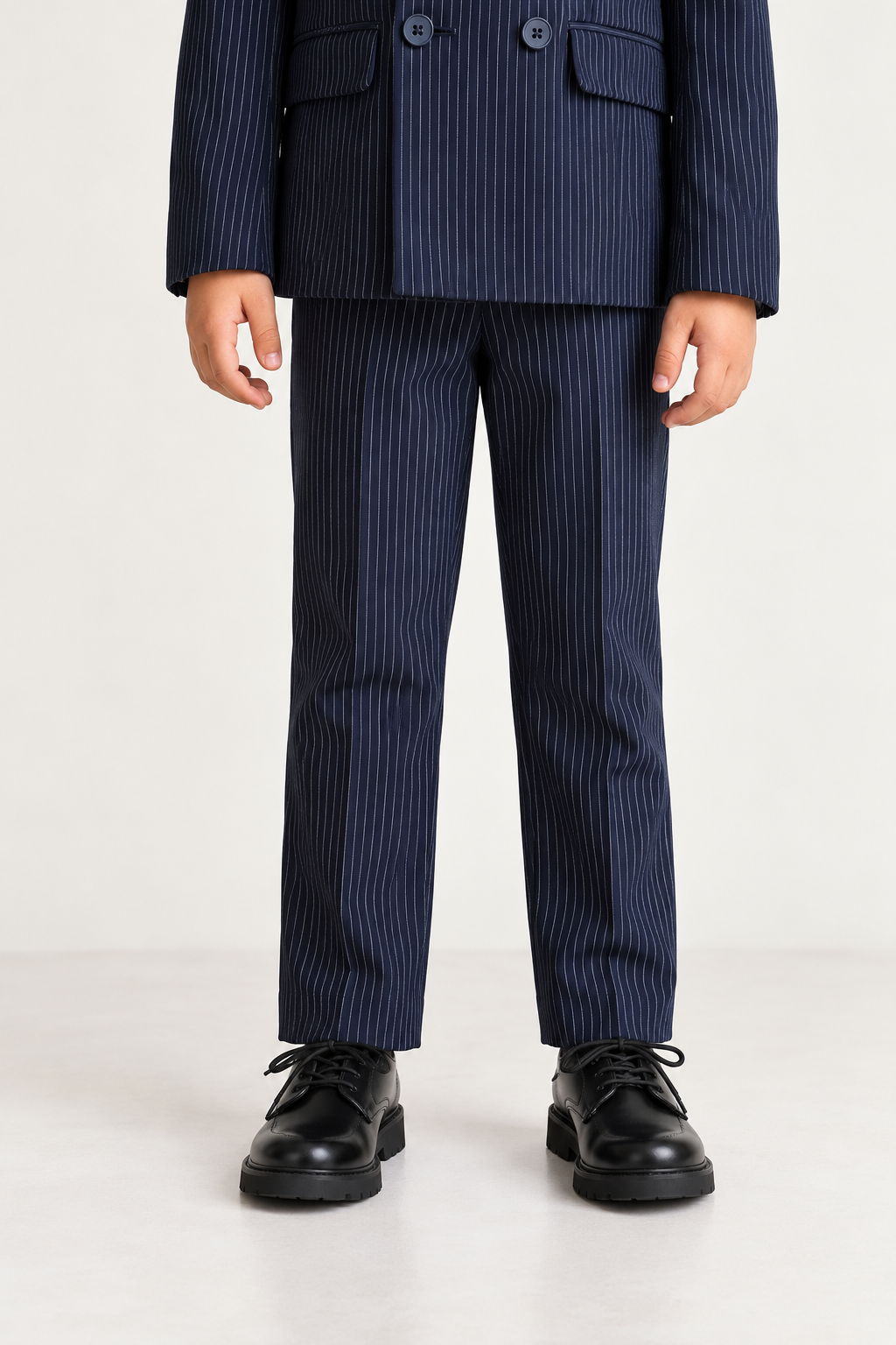 Boys Navy Blue Striped Twill Zip Trousers
