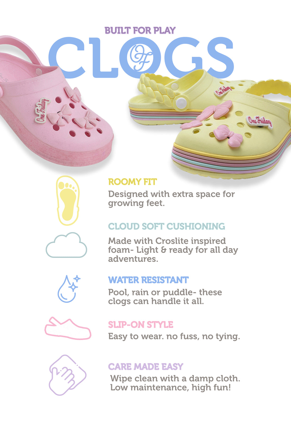 Kids Pink Glitter Bow Clogs with Strap | One Friday