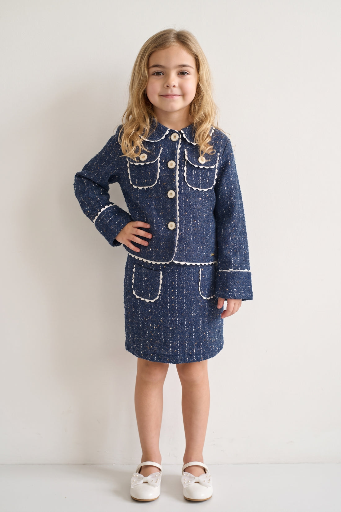 Navy Blue Boucle Peter Pan Collar Jacket