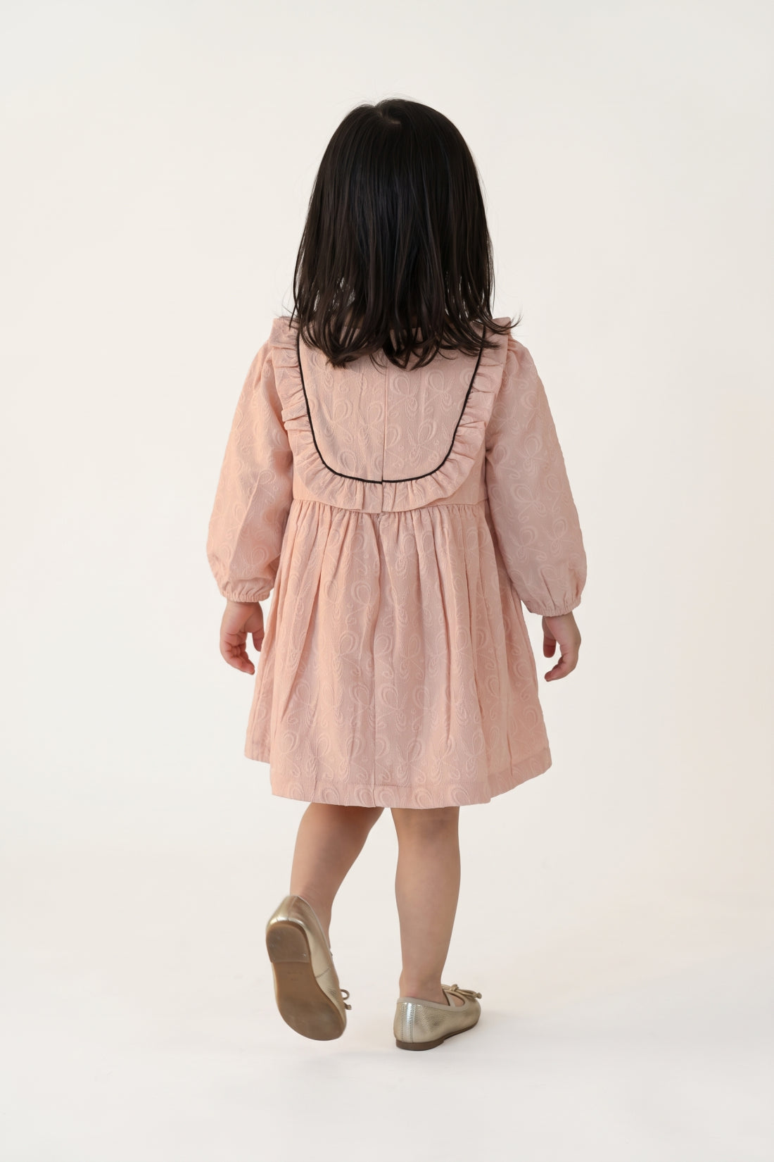 Baby Girls Peach Solid Jacquard Full Sleeve Dress