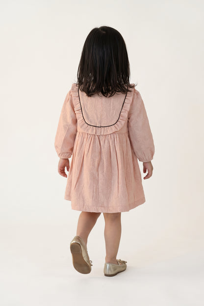 Baby Girls Peach Solid Jacquard Full Sleeve Dress