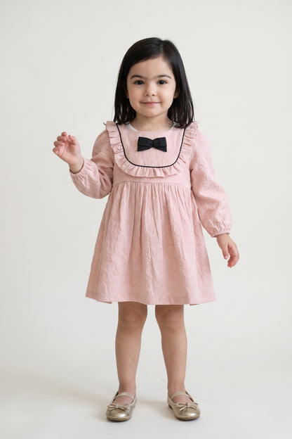 Baby Girls Peach Solid Jacquard Full Sleeve Dress