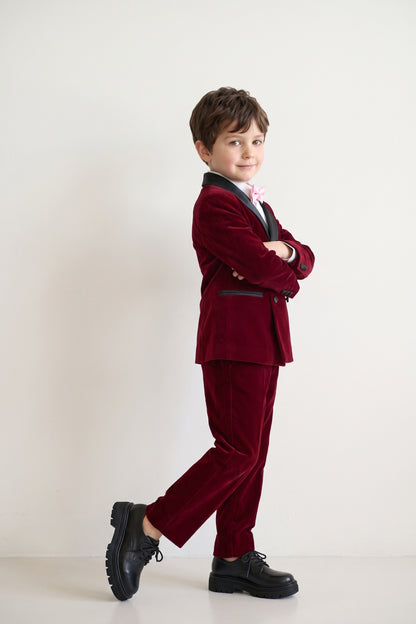 Boys Burgundy Velvet Regular Fit Suit