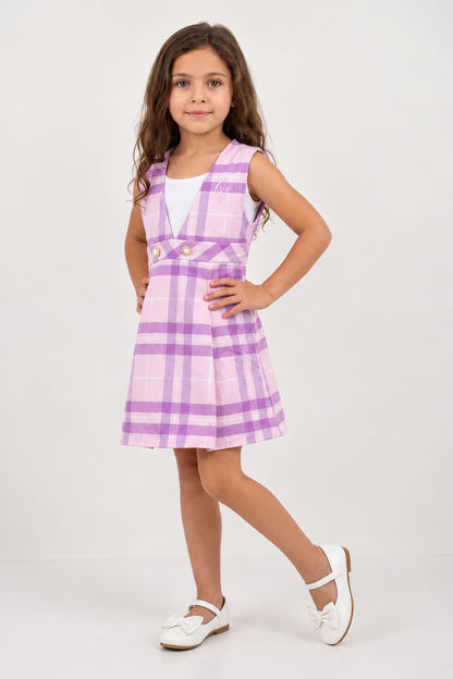 Girls Pink Check Print Sleeveless Dress