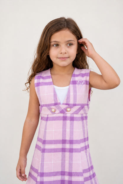Girls Pink Check Print Sleeveless Dress