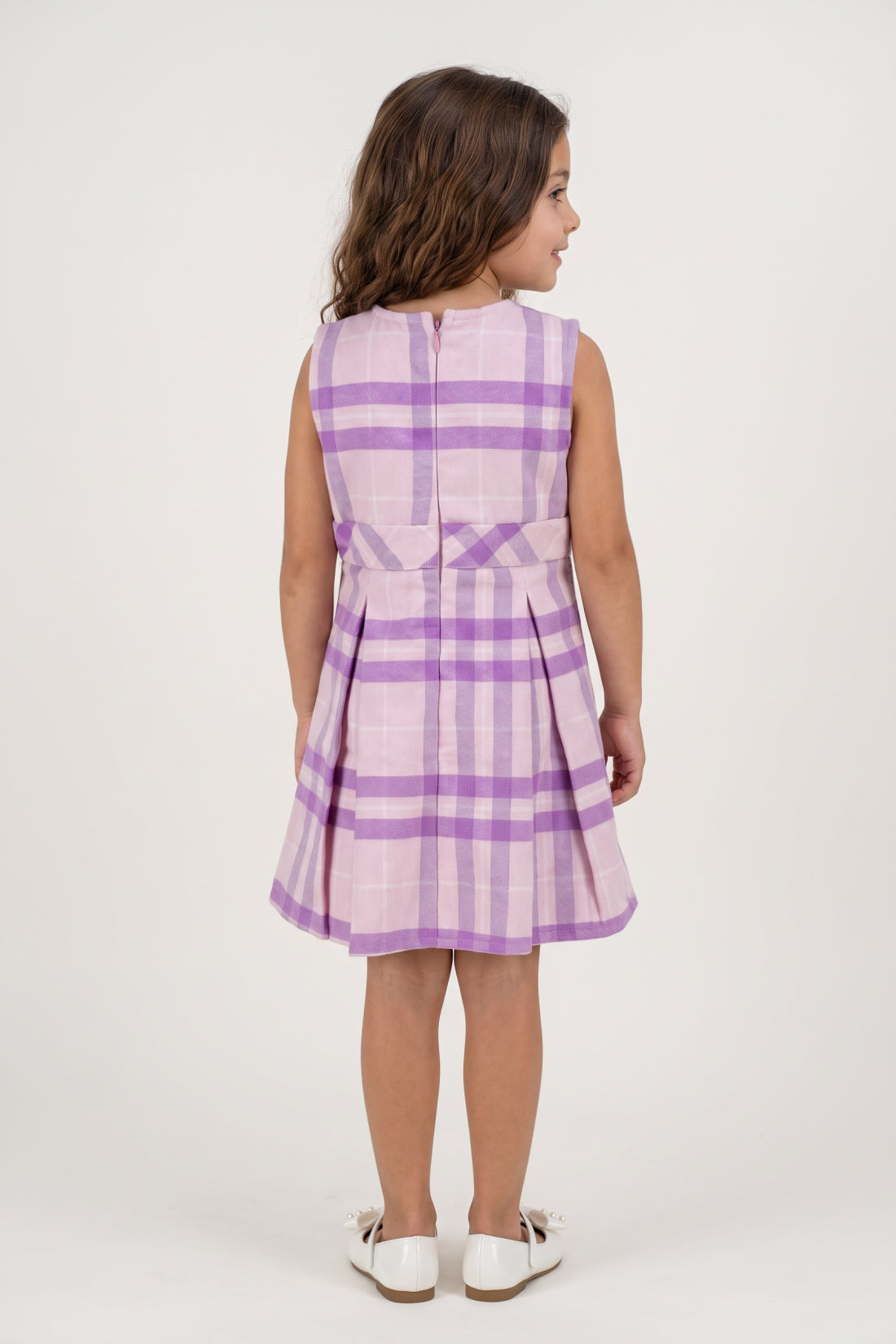 Girls Pink Check Print Sleeveless Dress