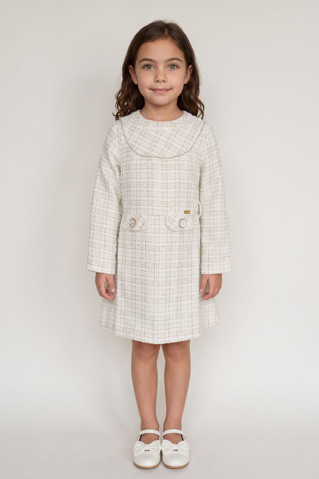 Off White Boucle Stand Collar Full Sleeve Dress