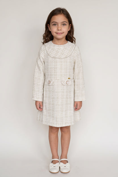 Off White Boucle Stand Collar Full Sleeve Dress