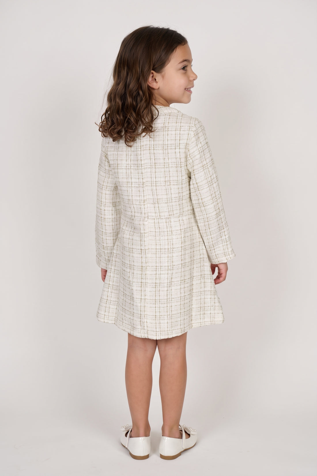 Off White Boucle Stand Collar Full Sleeve Dress