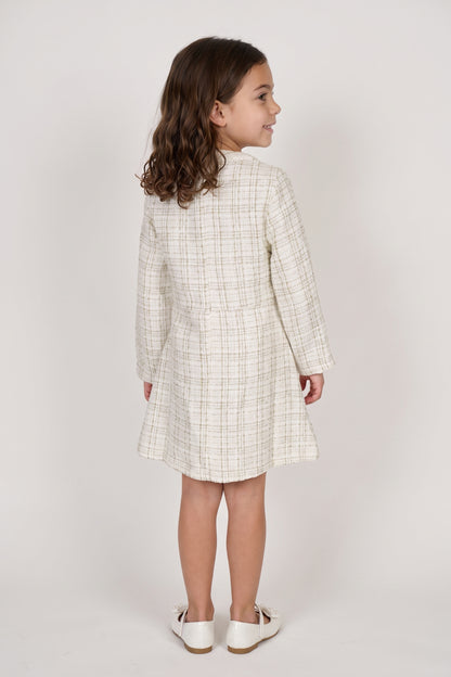Off White Boucle Stand Collar Full Sleeve Dress