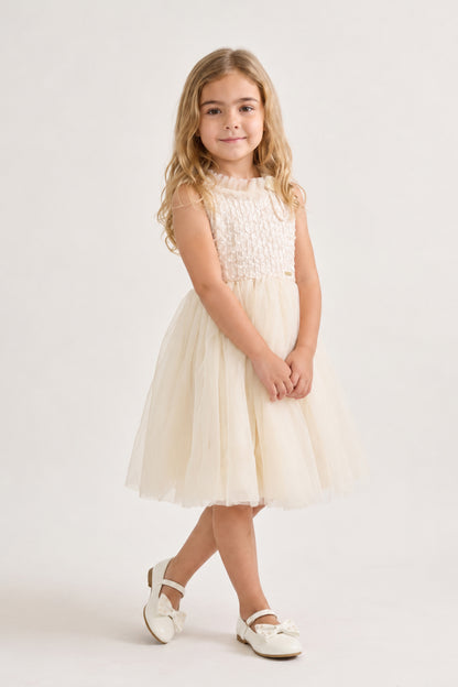 Girls Off White Embellished Mesh Sleeveless Dress