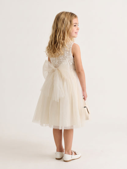 Girls Off White Embellished Mesh Sleeveless Dress