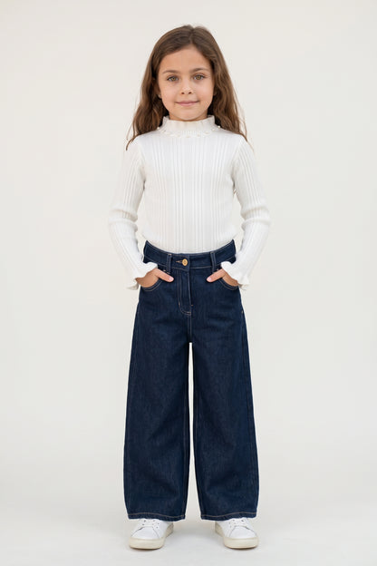 Girls Blue Cotton Denim Straight Fit Jeans