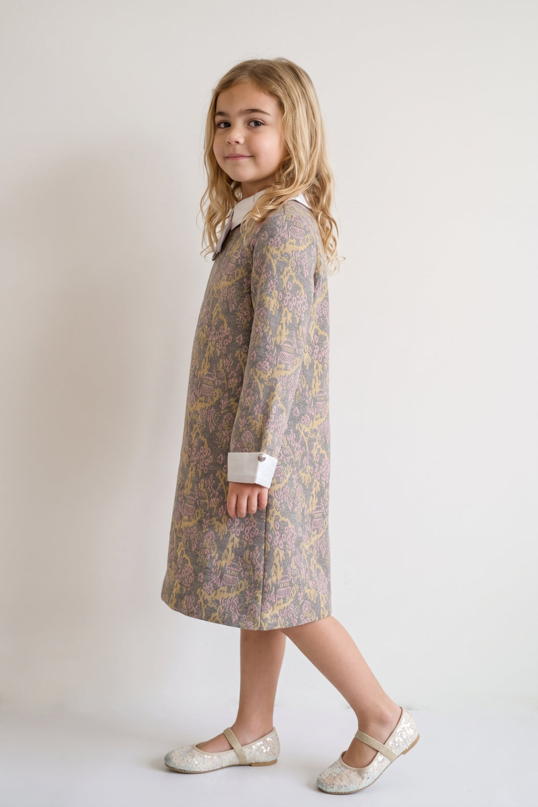 Multi Colour Jacquard Shirt Collar Sleeveless Dress