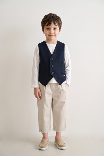 Boys Navy Blue Solid Twill V-Neck Waistcoat