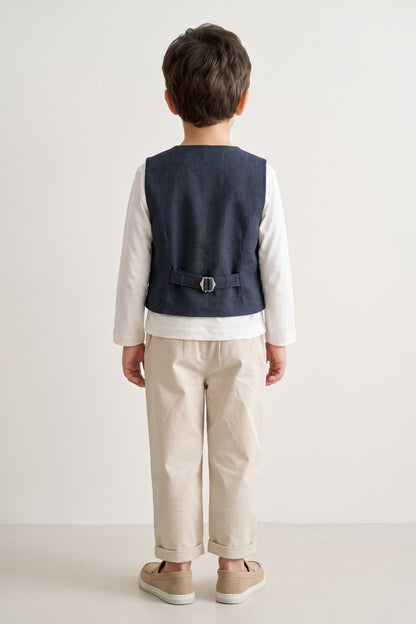 Boys Navy Blue Solid Twill V-Neck Waistcoat