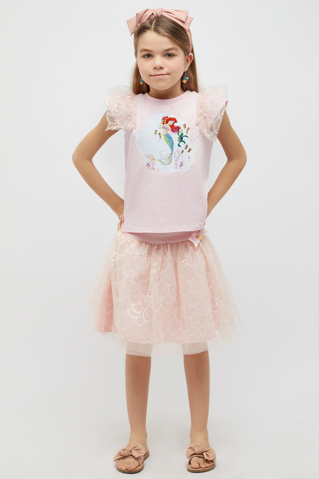 One Friday Kids Girls Princess Peach Sequin Skirt with Bow