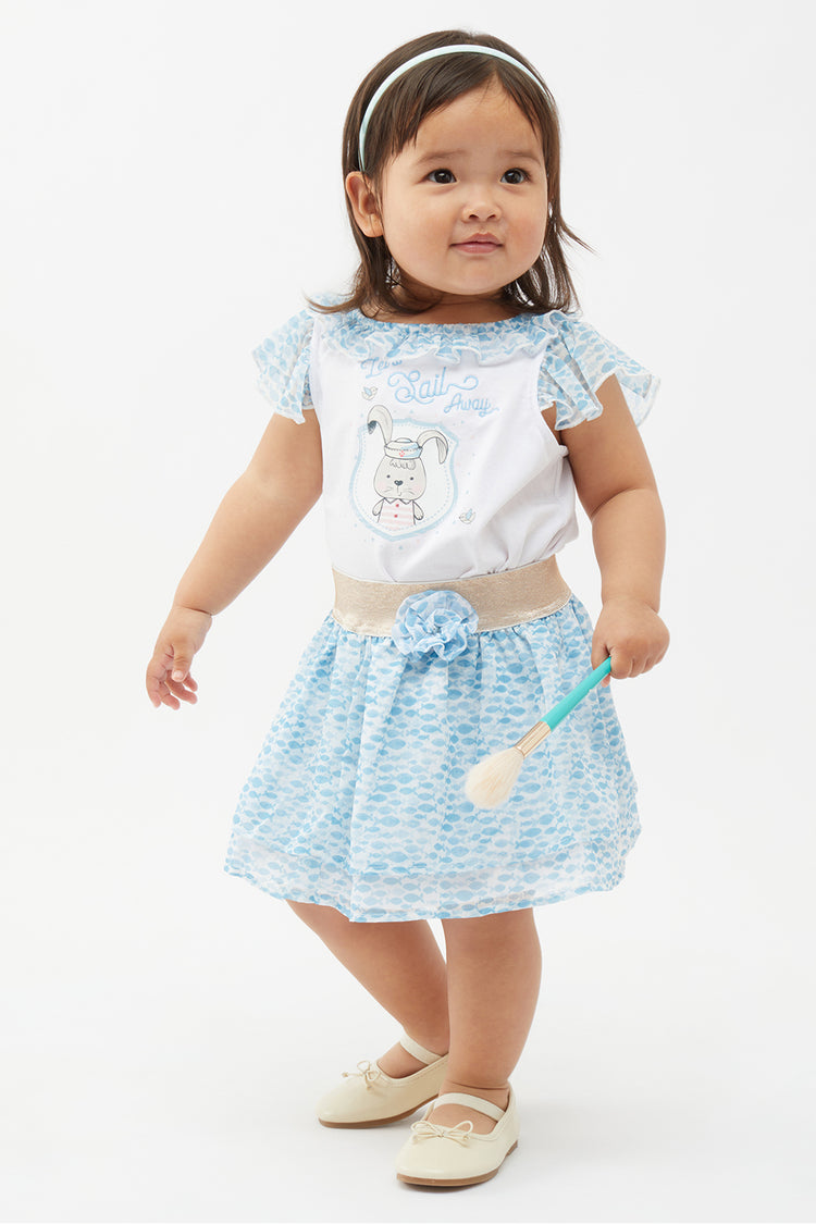 Baby Girls Blue & White Printed Top With Skirt