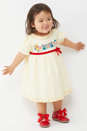 One Friday Baby Girls Yellow Floral Printed Dress With Red Bow