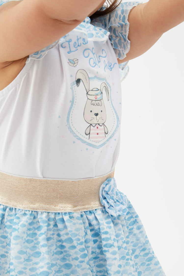 Baby Girls Blue & White Printed Top With Skirt