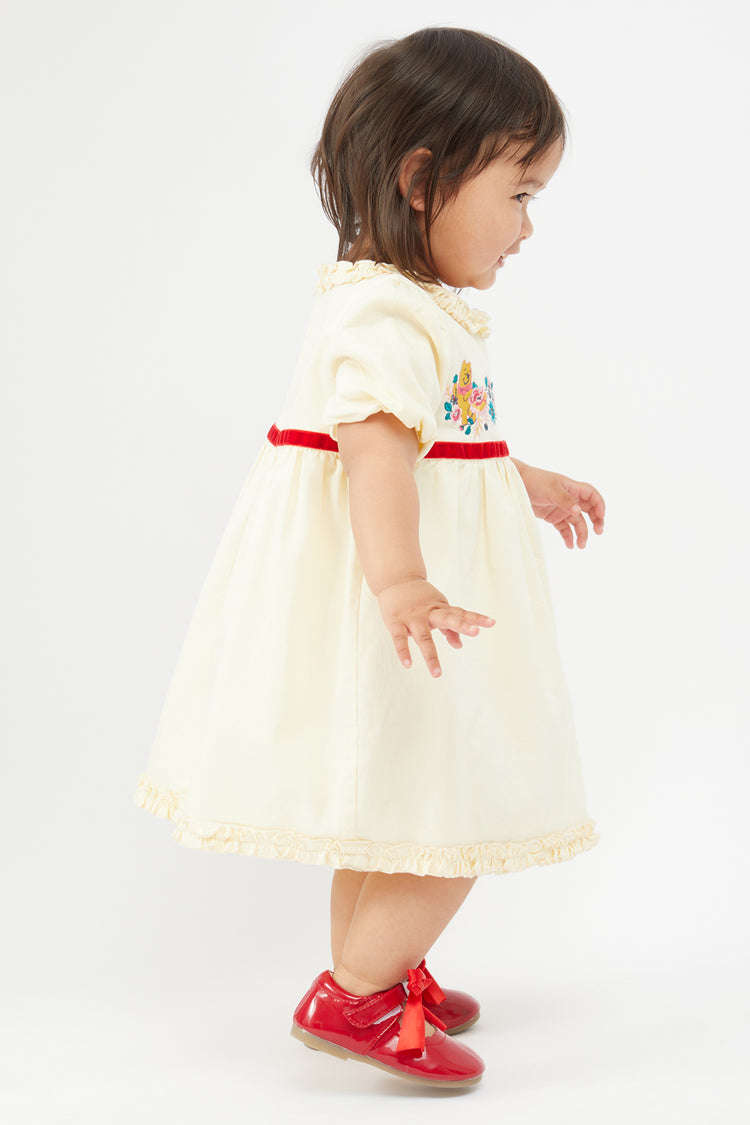 Baby Girls Yellow Floral Printed Dress With Red Bow