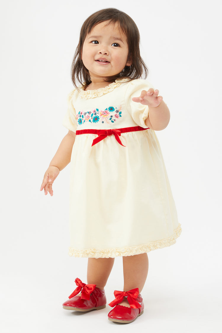 Baby Girls Yellow Floral Printed Dress With Red Bow
