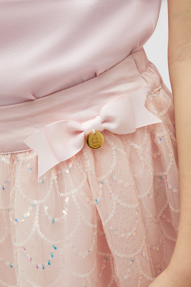 Kids Girls Peach Sequins Mesh Skirt