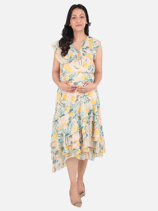 Beige Floral Print Mommy Dress