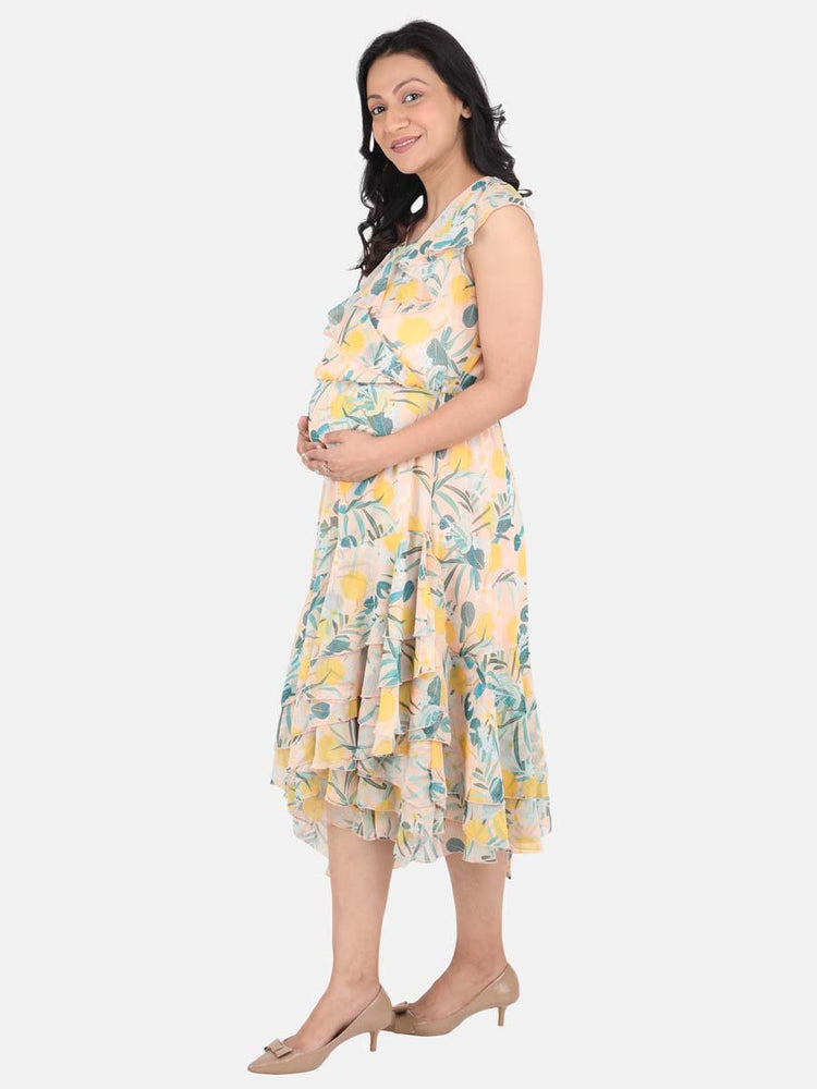 Beige Floral Print Mommy Dress - One Friday World