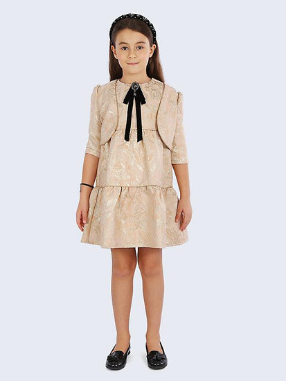 Beige and Gold Frill Dress with Shrug - One Friday World