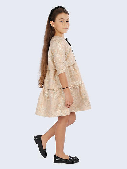 Beige and Gold Frill Dress with Shrug - One Friday World