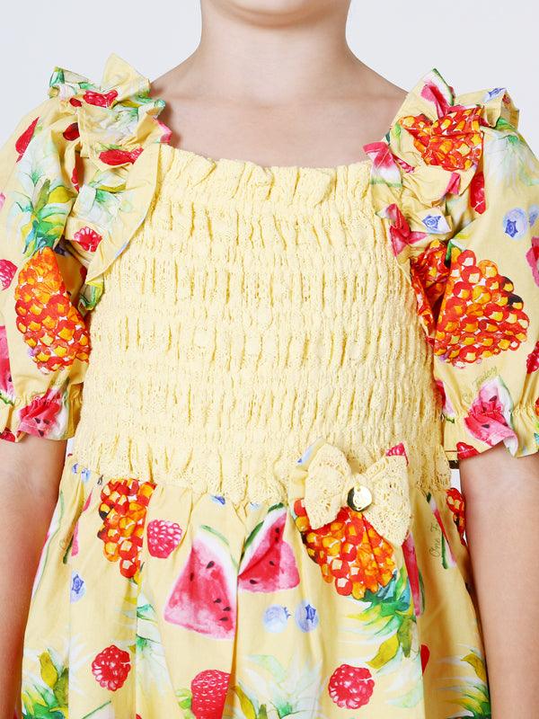 Yellow Multi Fruit Printed Dress - One Friday World