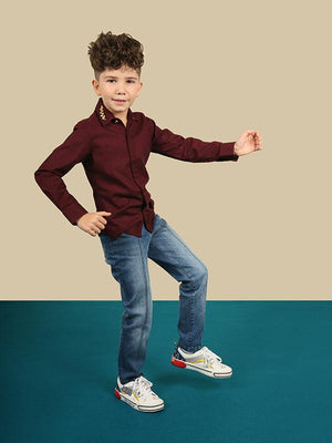 One Friday Kids Boy Burgundy Solid Cotton Woven Shirt - One Friday World